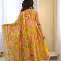 Stylish Mustard Yellow Floral Printed Muslin Anarkali Suit Set with Dupatta for Women