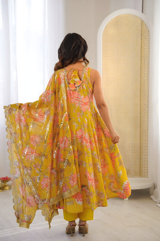 Stylish Mustard Yellow Floral Printed Muslin Anarkali Suit Set with Dupatta for Women