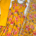 Stylish Mustard Yellow Floral Printed Muslin Anarkali Suit Set with Dupatta for Women