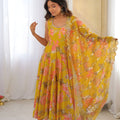 Stylish Mustard Yellow Floral Printed Muslin Anarkali Suit Set with  Dupatta for Women
