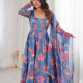 Beautiful Blue Floral Printed Organza Anarkali Suit Set with Dupatta for Women
