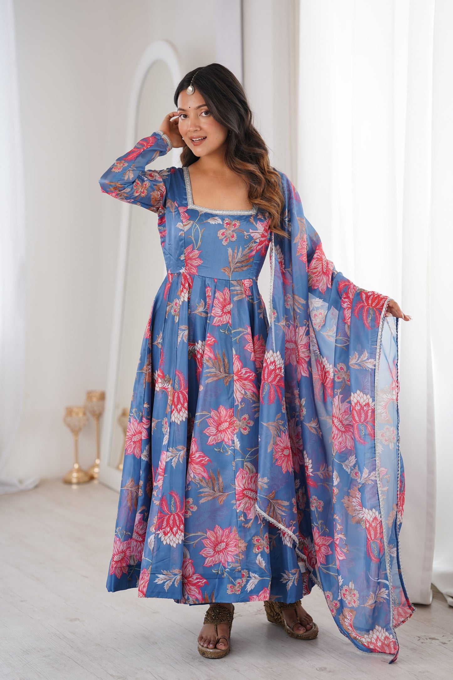 Beautiful Blue Floral Printed Organza Anarkali Suit Set with Dupatta for Women