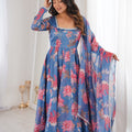 Beautiful Blue Floral Printed Organza Anarkali Suit Set with Dupatta for Women