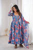 Beautiful Blue Floral Printed Organza Anarkali Suit Set with Dupatta for Women