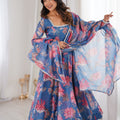 Beautiful Blue Floral Printed Organza Anarkali Suit Set with Dupatta for Women