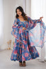 Beautiful Blue Floral Printed Organza Anarkali Suit Set with Dupatta for Women
