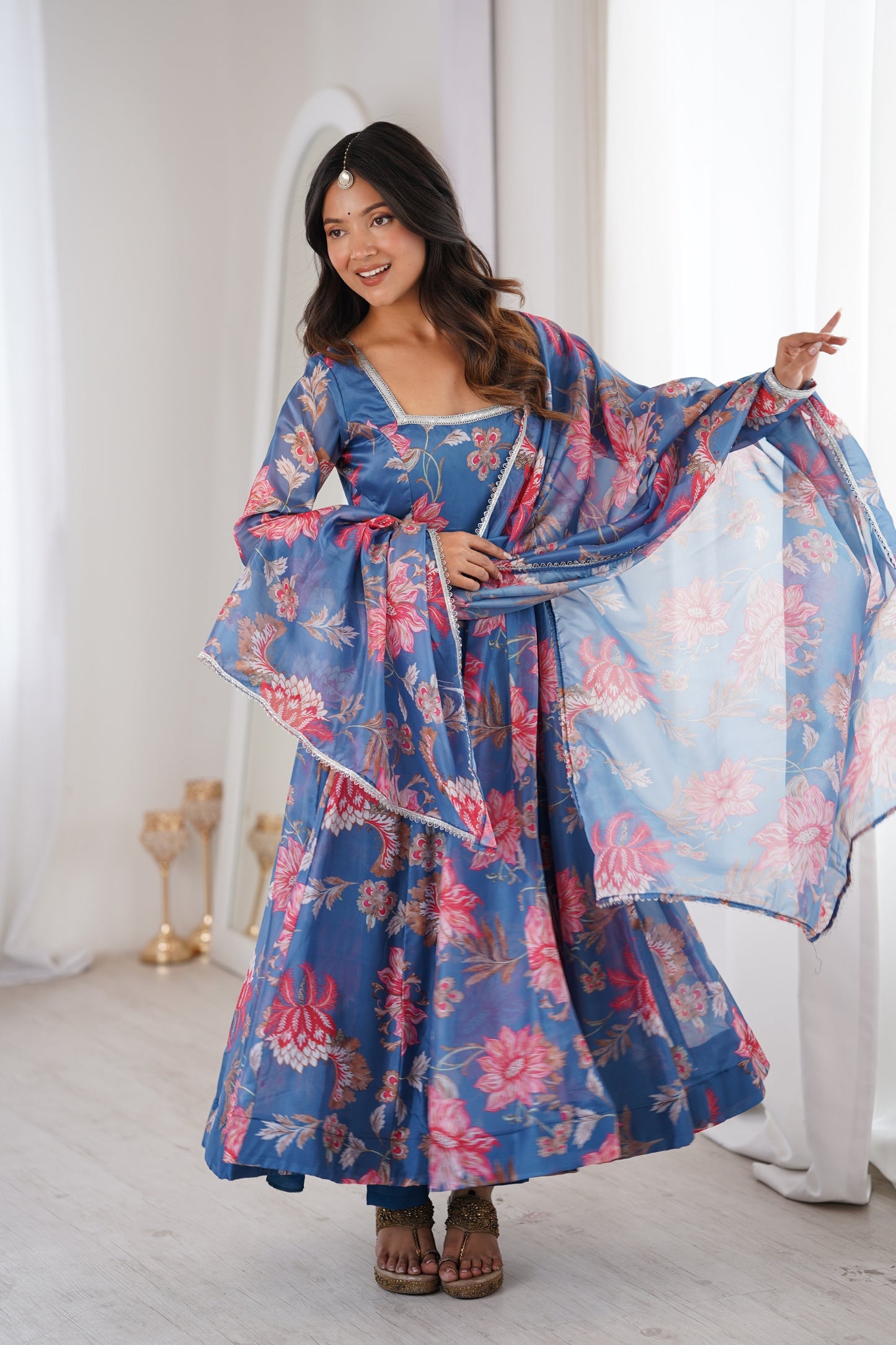 Beautiful Blue Floral Printed Organza Anarkali Suit Set with Dupatta for Women