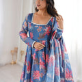 Beautiful Blue Floral Printed Organza Anarkali Suit Set with Dupatta for Women