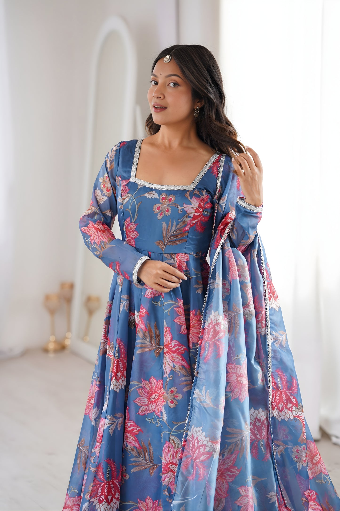 Beautiful Blue Floral Printed Organza Anarkali Suit Set with Dupatta for Women