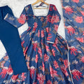 Beautiful Blue Floral Printed Organza Anarkali Suit Set with Dupatta for Women