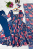 Beautiful Blue Floral Printed Organza Anarkali Suit Set with Dupatta for Women