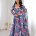 Beautiful Blue Floral Printed Organza Anarkali Suit Set with Dupatta for Women