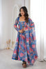 Beautiful Blue Floral Printed Organza Anarkali Suit Set with Dupatta for Women