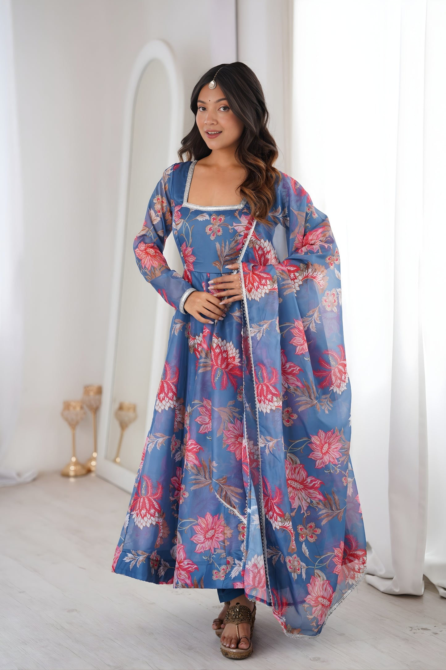 Beautiful Blue Floral Printed Organza Anarkali Suit Set with Dupatta for Women