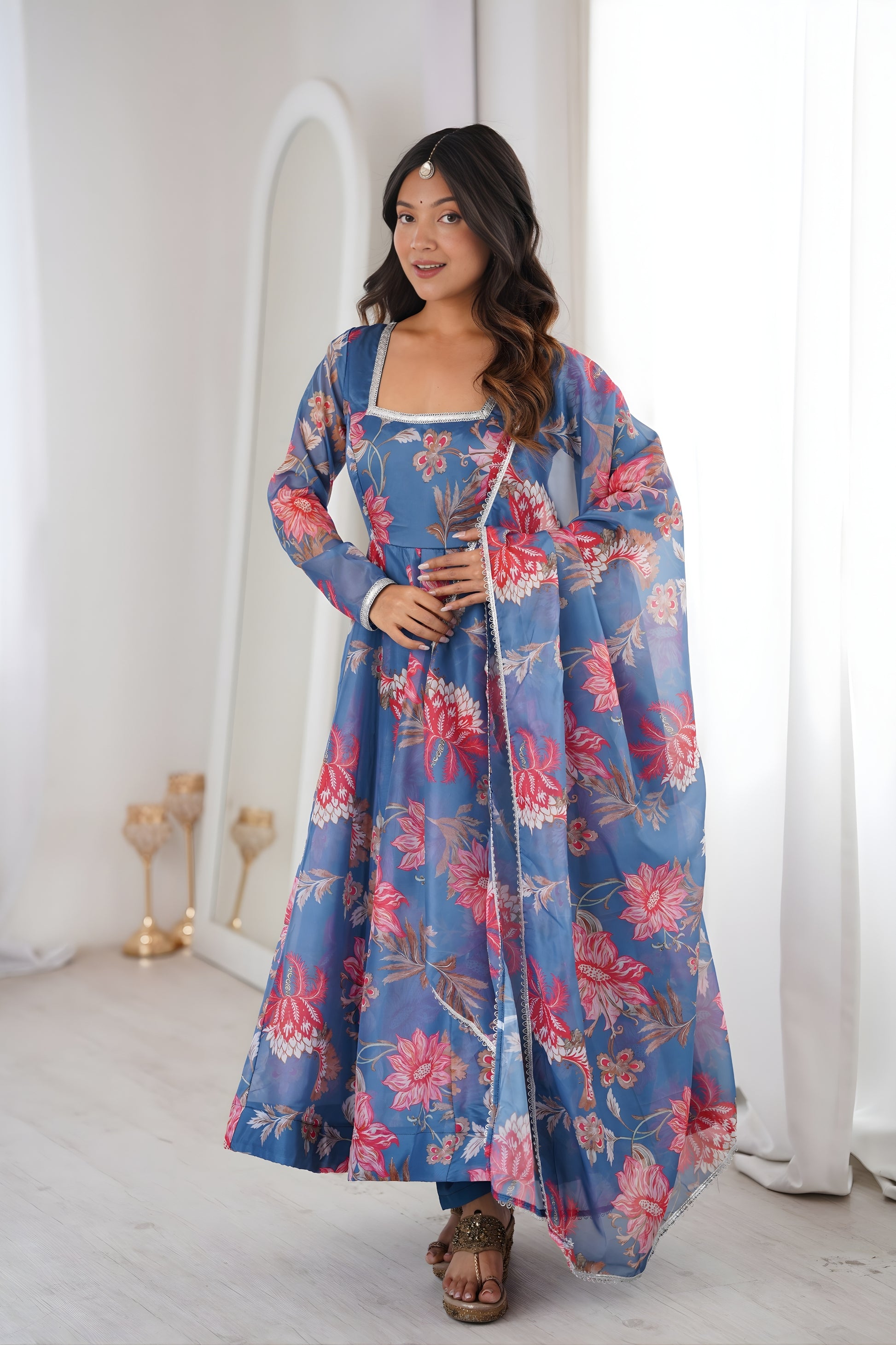 Beautiful Blue Floral Printed Organza Anarkali Suit Set with Dupatta for Women