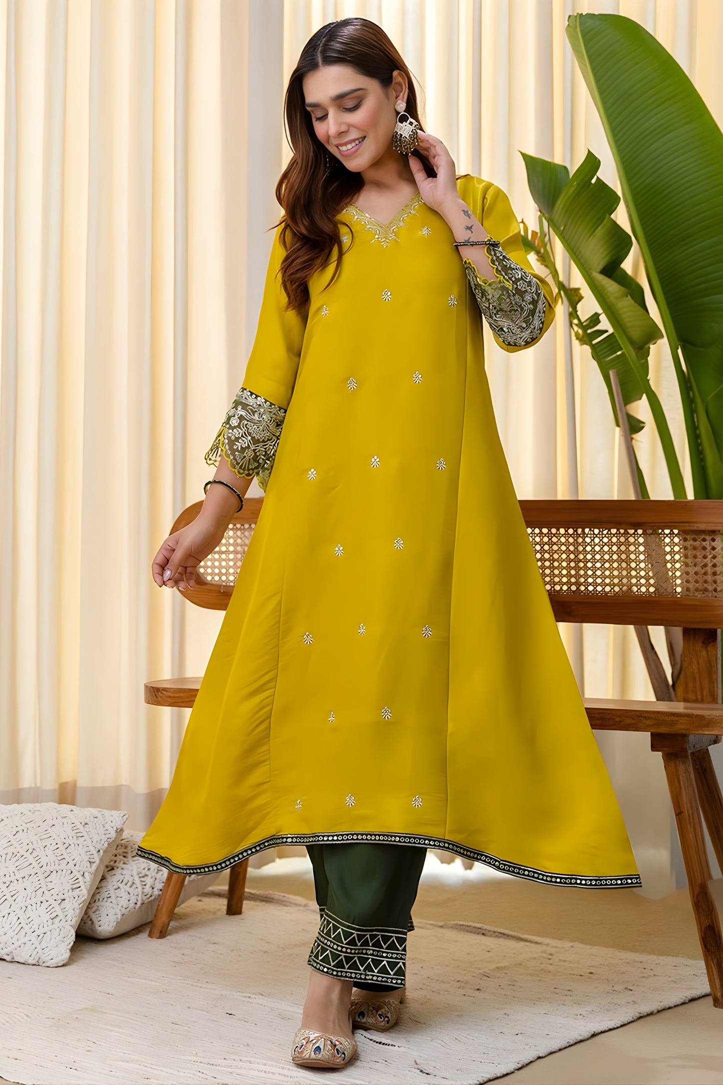 Premium Mustard Yellow Silk Blend Embroidered Salwar Suit with Green Organza Dupatta