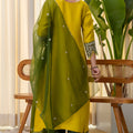 Premium Mustard Yellow Silk Blend Embroidered Salwar Suit with Green Organza Dupatta