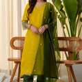 Premium Mustard Yellow Silk Blend Embroidered Salwar Suit with Green Organza Dupatta
