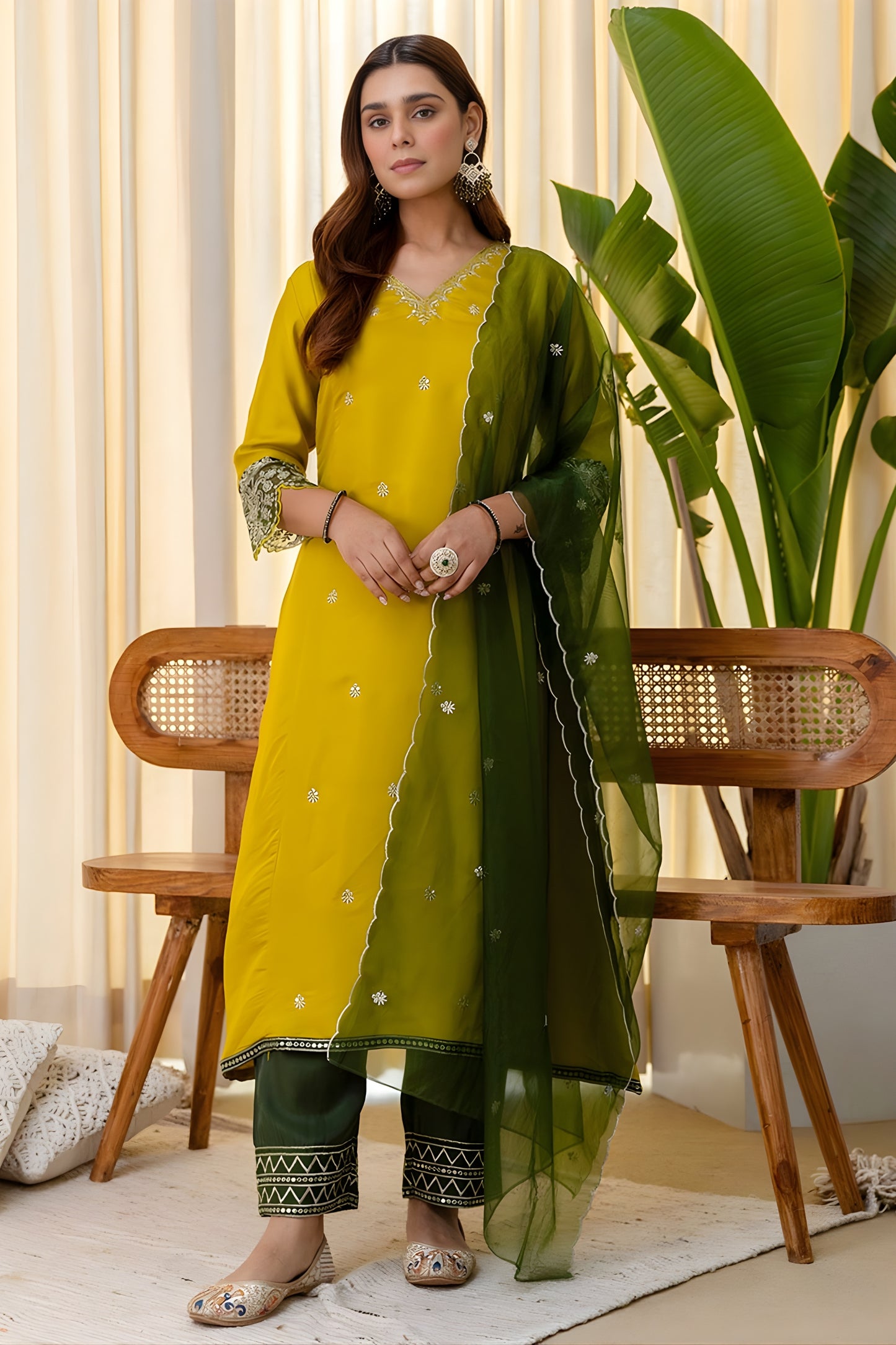 Premium Mustard Yellow Silk Blend Embroidered Salwar Suit with Green Organza Dupatta