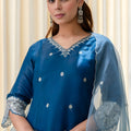 Lovely Teal Blue Silk Blend Embroidered Salwar Suit with Organza Dupatta for Women