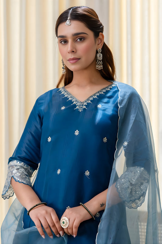 Lovely Teal Blue Silk Blend Embroidered Salwar Suit with Organza Dupatta for Women