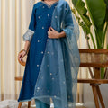Lovely Teal Blue Silk Blend Embroidered Salwar Suit with Organza Dupatta for Women