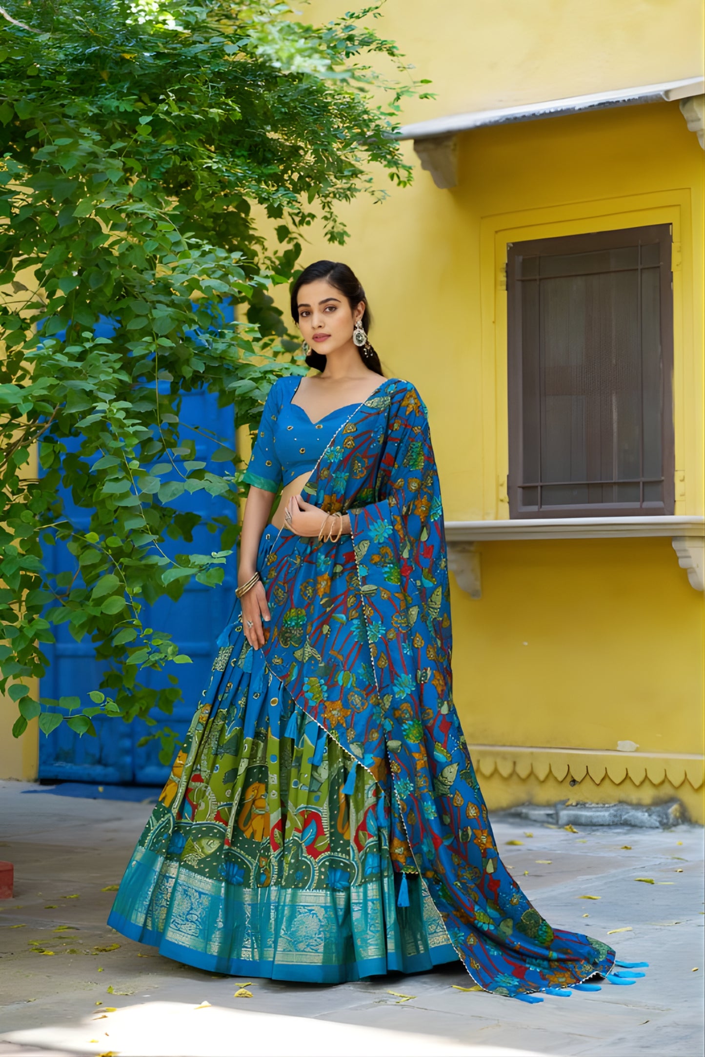 Trendy Royal Blue Tassar Silk Kalamkari Print Lehenga Choli with Designer Dupatta