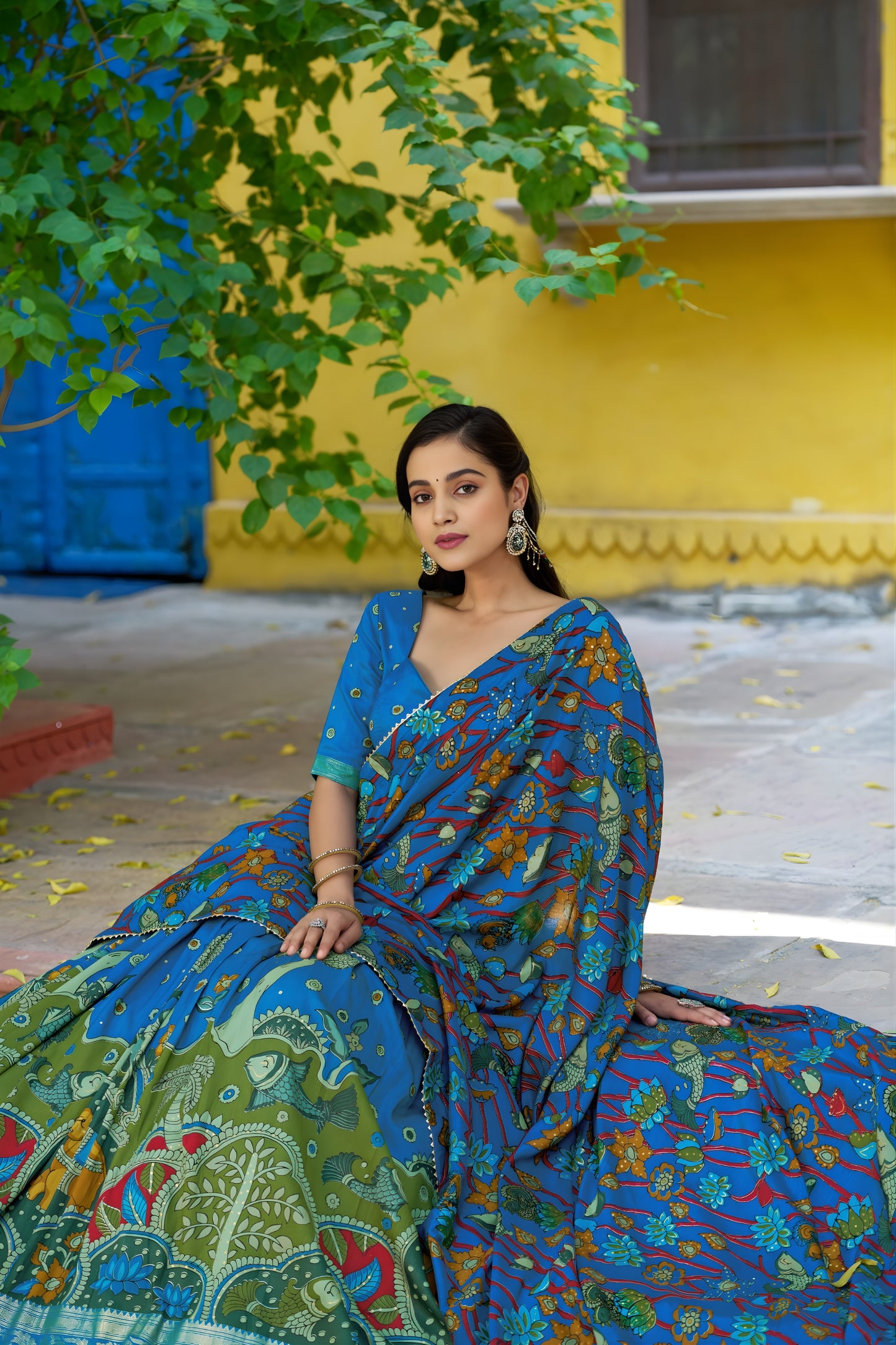 Trendy Royal Blue Tassar Silk Kalamkari Print Lehenga Choli with Designer Dupatta