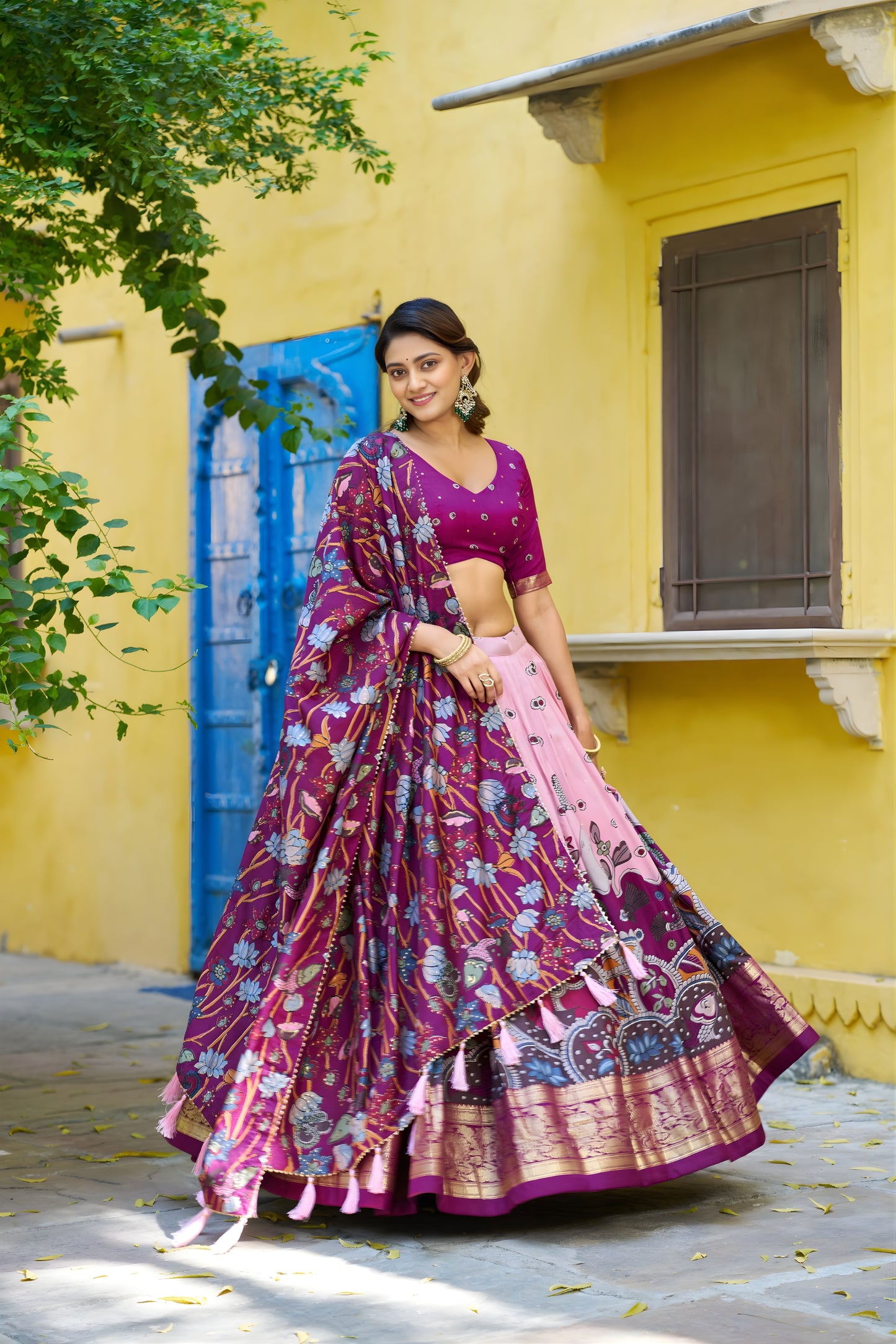 Lovely Pink Tassar Silk Kalamkari Print Lehenga Choli with Designer Dupatta