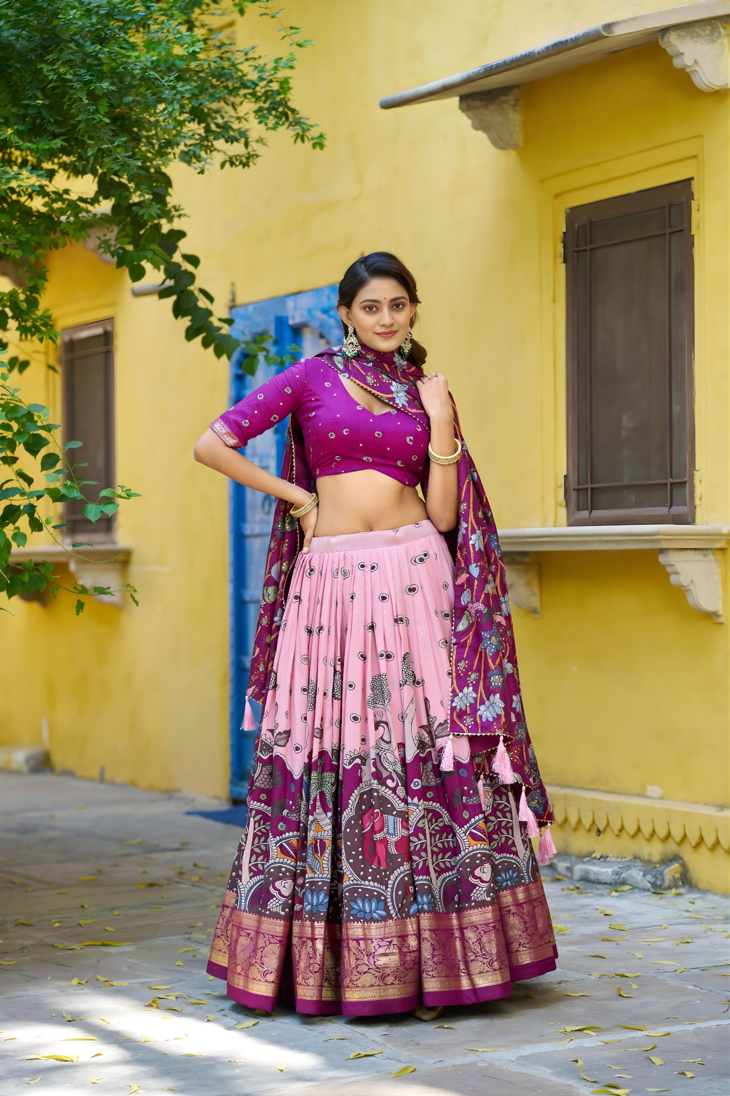 Lovely Pink Tassar Silk Kalamkari Print Lehenga Choli with Designer Dupatta