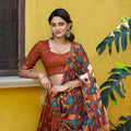 Elegant Rust Orange Tassar Silk Kalamkari Print Lehenga Choli with Designer Dupatta