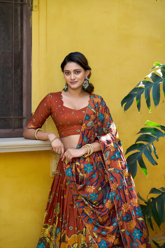 Elegant Rust Orange Tassar Silk Kalamkari Print Lehenga Choli with Designer Dupatta