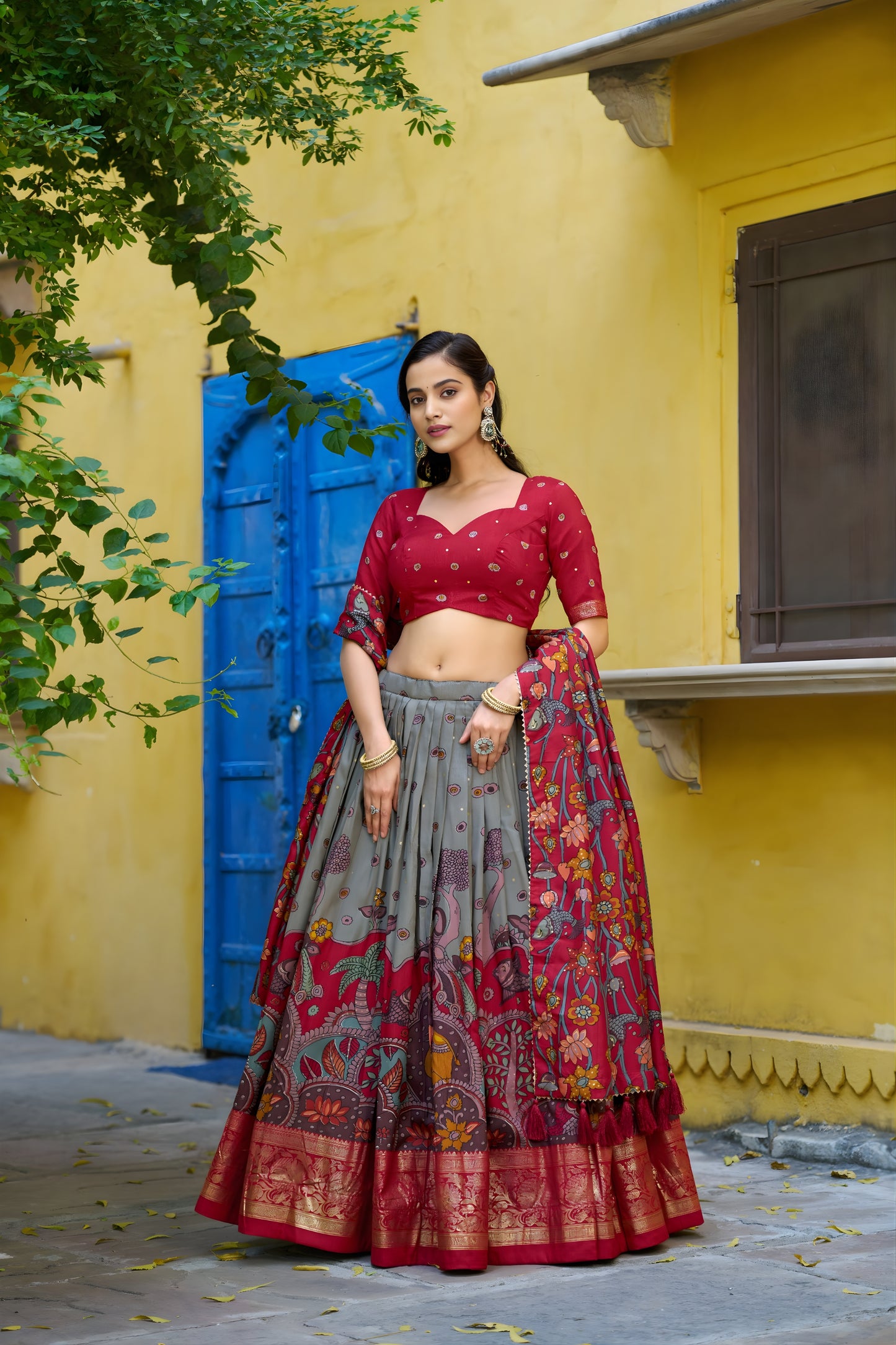 Adorable Red Tassar Silk Kalamkari Print Lehenga Choli with Designer Dupatta