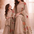 Elegant Beige Embroidered GMY Silk Mother Daughter Matching Palazzo Suit Set with Dupatta