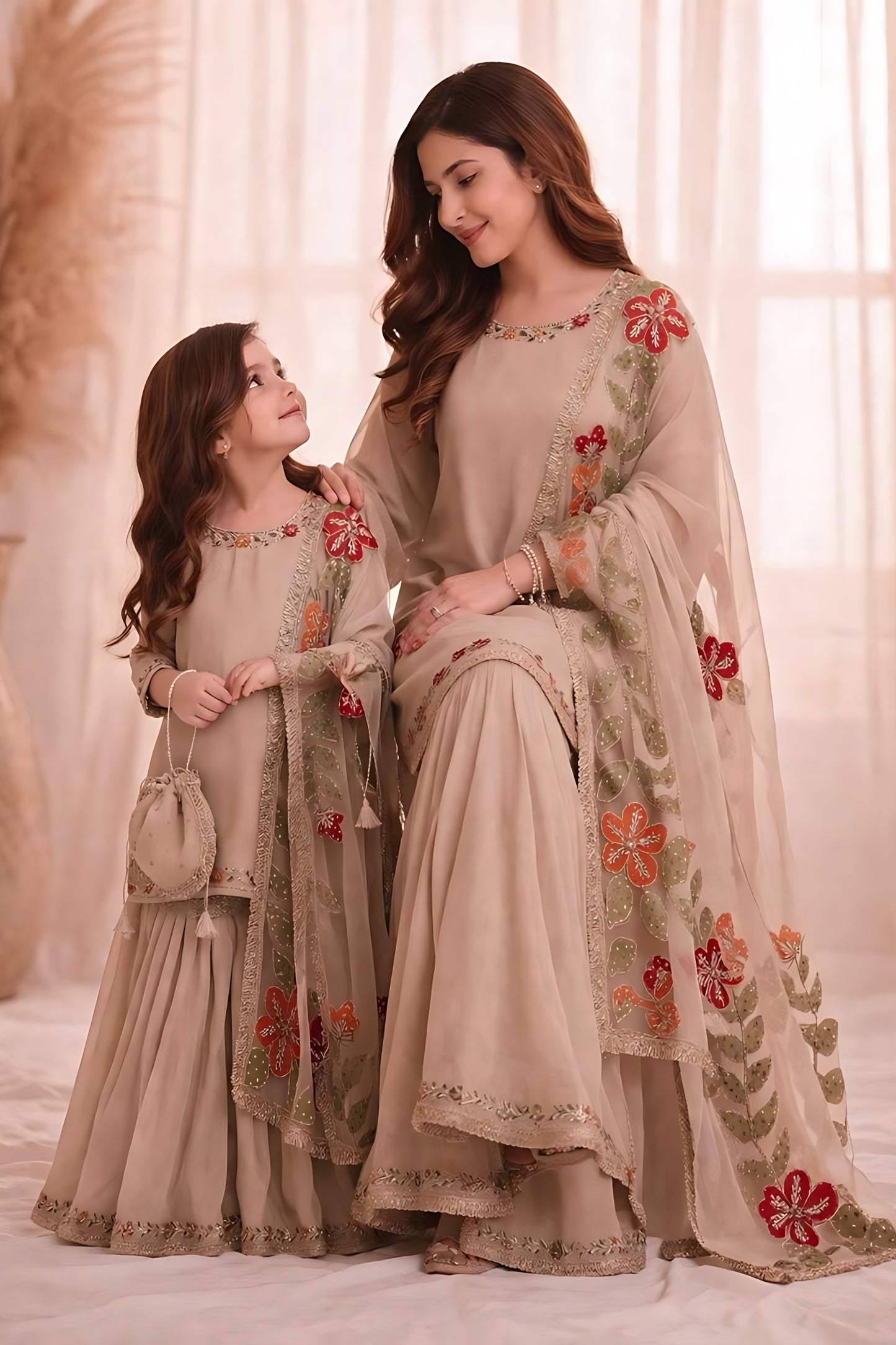 Elegant Beige Embroidered GMY Silk Mother Daughter Matching Palazzo Suit Set with Dupatta