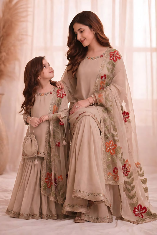Elegant Beige Embroidered GMY Silk Mother Daughter Matching Palazzo Suit Set with Dupatta