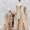 Elegant Beige Embroidered GMY Silk Mother Daughter Matching Palazzo Suit Set with Dupatta