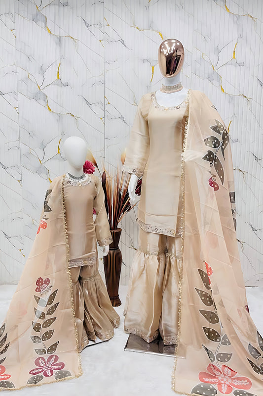 Elegant Beige Embroidered GMY Silk Mother Daughter Matching Palazzo Suit Set with Dupatta