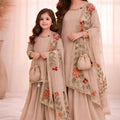Elegant Beige Embroidered GMY Silk Mother Daughter Matching Palazzo Suit Set with Dupatta