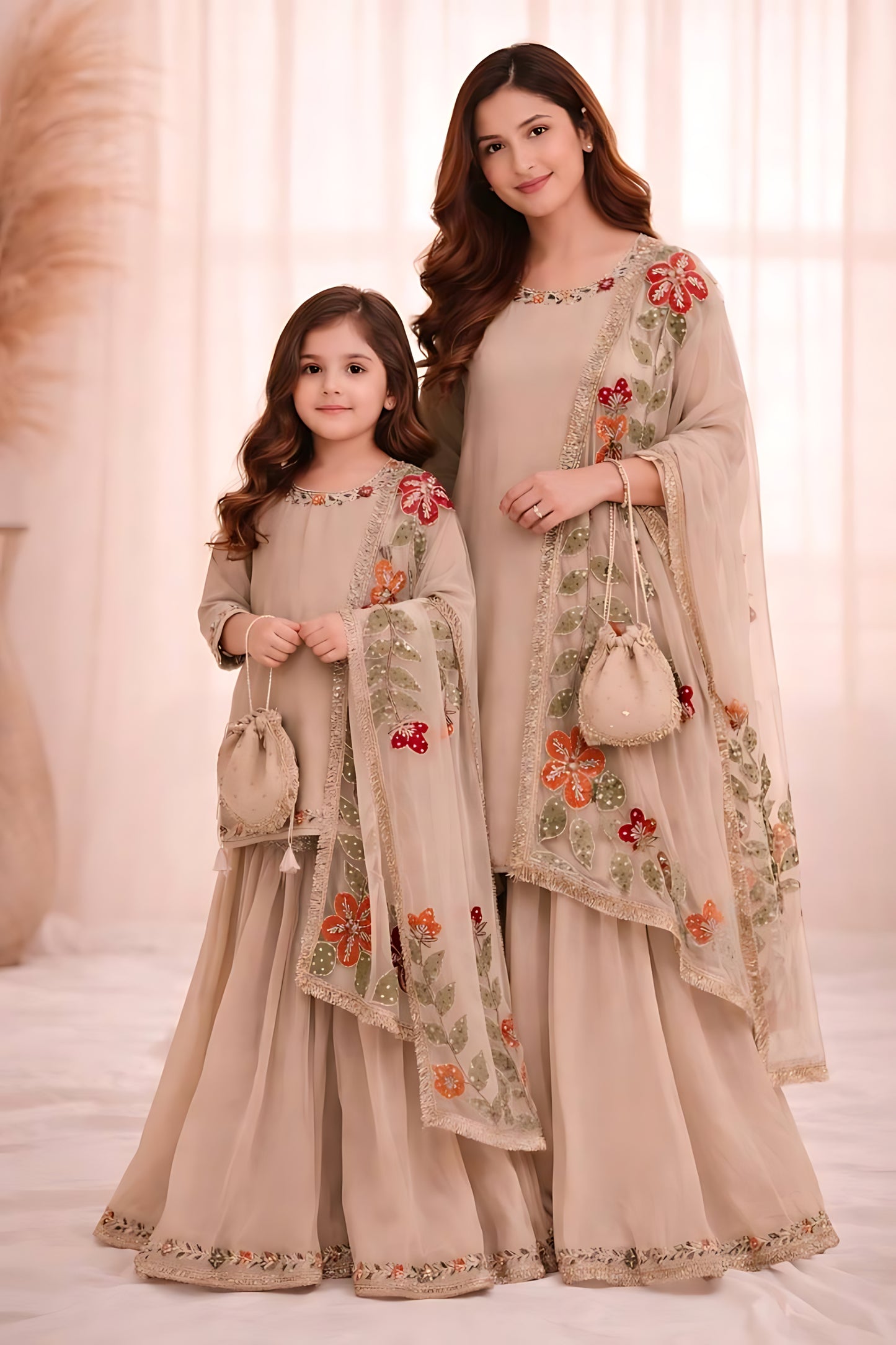 Elegant Beige Embroidered GMY Silk Mother Daughter Matching Palazzo Suit Set with Dupatta