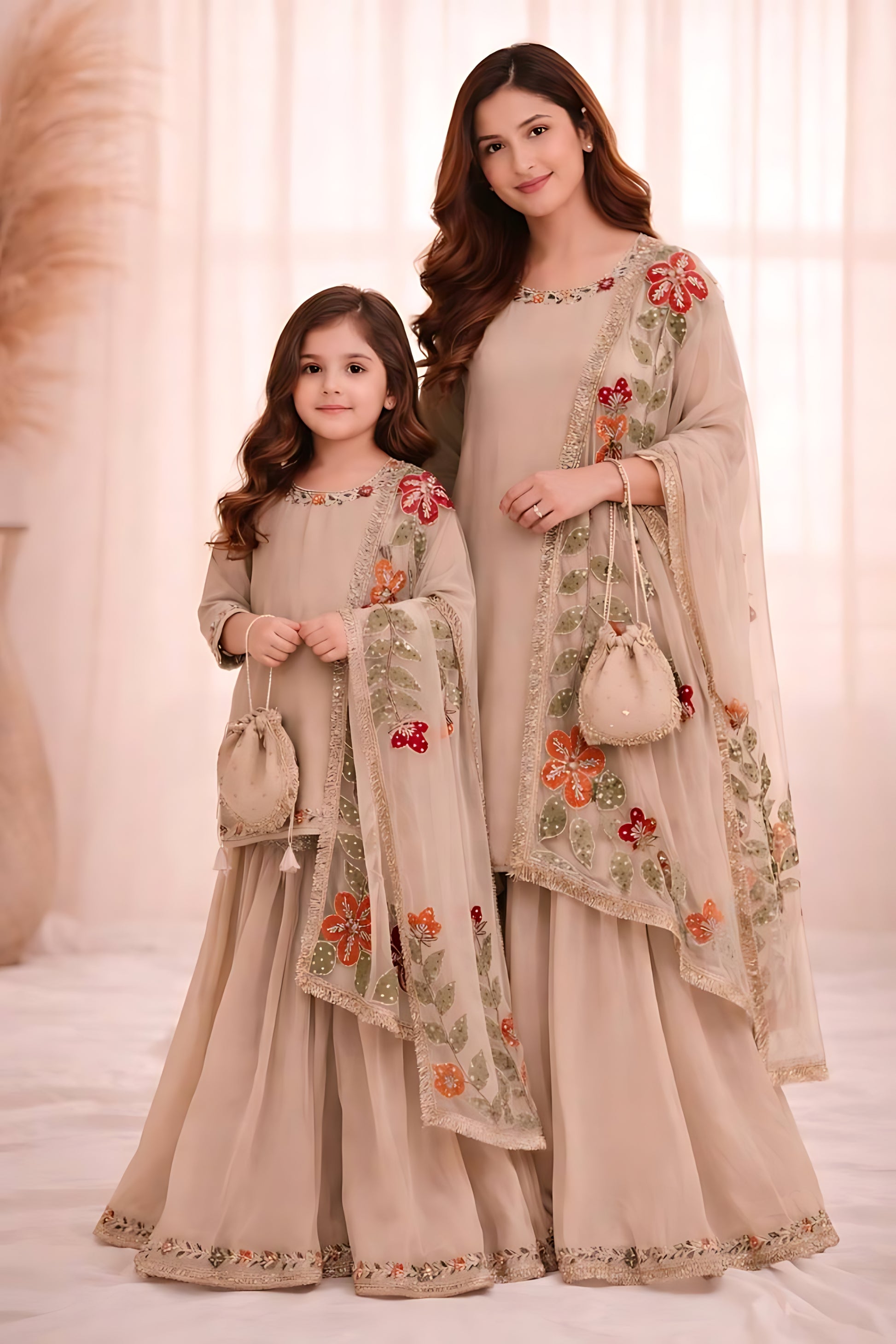 Elegant Beige Embroidered GMY Silk Mother Daughter Matching Palazzo Suit Set with Dupatta