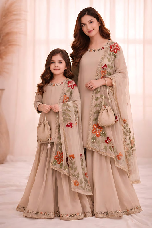 Elegant Beige Embroidered GMY Silk Mother Daughter Matching Palazzo Suit Set with Dupatta