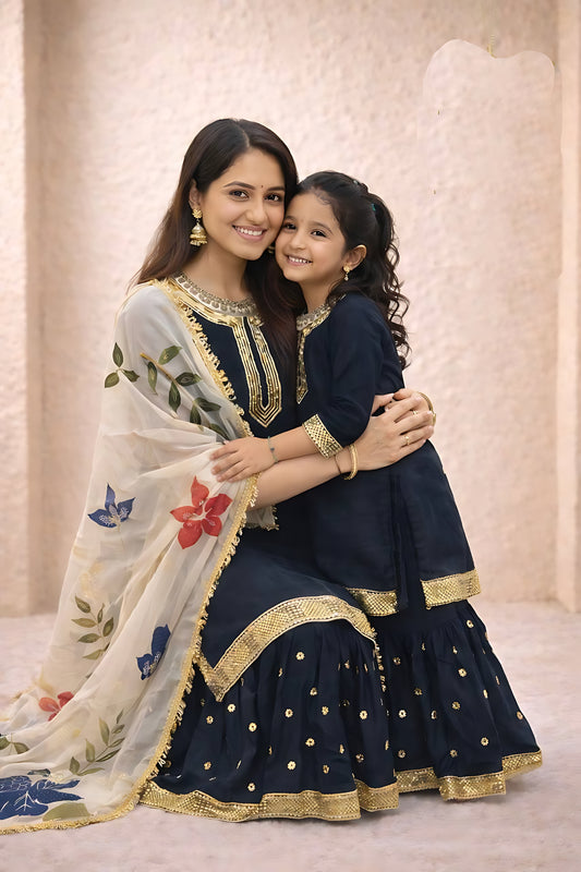 Stylish Black Embroidered GMY Silk Mother Daughter Matching Palazzo Suit Set with Dupatta