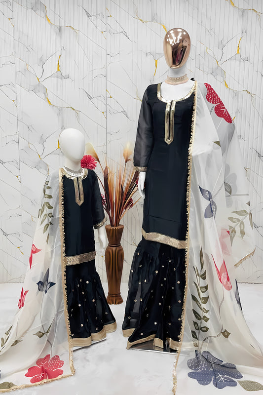 Stylish Black Embroidered GMY Silk Mother Daughter Matching Palazzo Suit Set with Dupatta