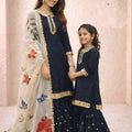 Stylish Black Embroidered GMY Silk Mother Daughter Matching Palazzo Suit Set with Dupatta