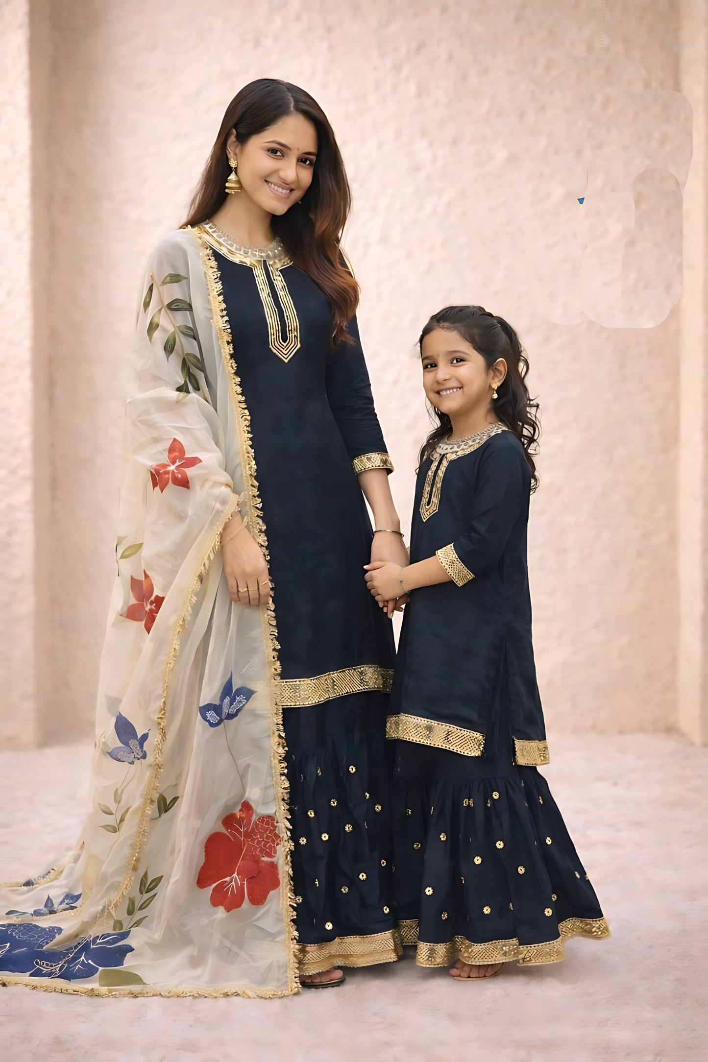 Stylish Black Embroidered GMY Silk Mother Daughter Matching Palazzo Suit Set with Dupatta