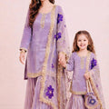 Superb Lavender Embroidered GMY Silk Mother Daughter Matching Palazzo Suit Set with Dupatta