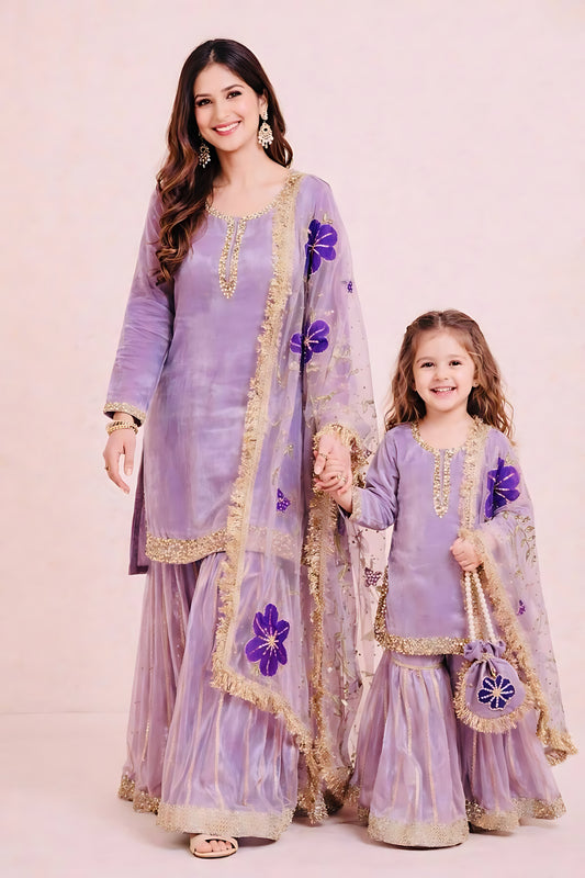 Superb Lavender Embroidered GMY Silk Mother Daughter Matching Palazzo Suit Set with Dupatta