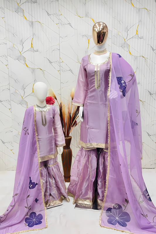 Superb Lavender Embroidered GMY Silk Mother Daughter Matching Palazzo Suit Set with Dupatta