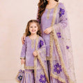 Superb Lavender Embroidered GMY Silk Mother Daughter Matching Palazzo Suit Set with Dupatta